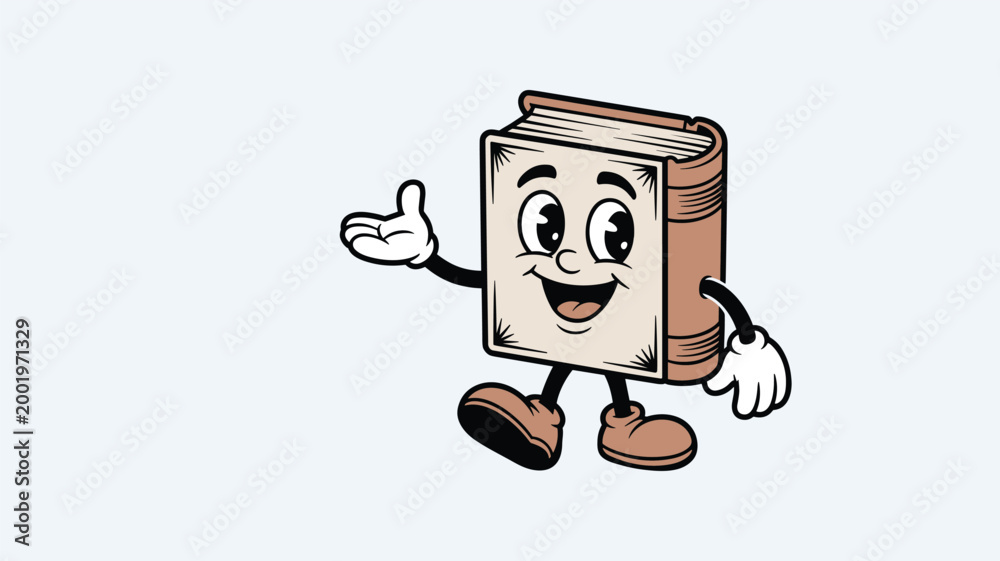 Fototapeta premium Cute cartoon mascot book character with arms and legs smiling.