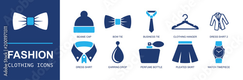 Fashion clothing icon set. Containing beanie cap, bow tie, business tie, hanger, dress shirt, earring drop, perfume bottle, pleated skirt, watch timepiece and more. Solid fill vector icons.