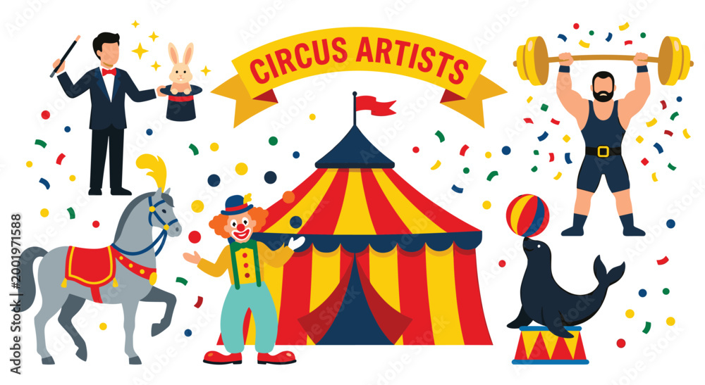 Naklejka premium Magician, strongman, clown, horse, seal, rabbit performing acts. Big top tent, festive confetti, entertainment, show, carnival, circus artists.