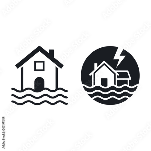 Flooded house icons with stormy weather and lightning, water damage and natural disaster concept