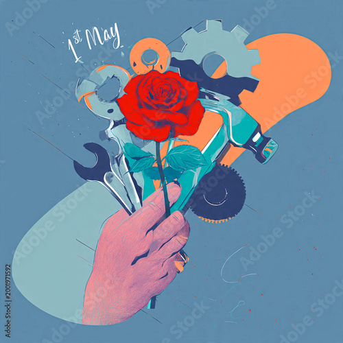 May Day Celebration with a Red Rose and Tools, Labor Day Concept