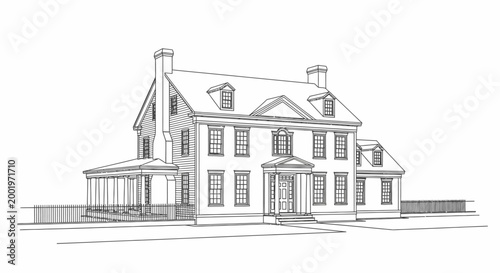 Architectural line drawing of a historic colonial house facade