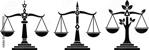 Decorative Justice Balance Scale Icon Set with Ornamental and Nature Inspired Designs in Bold Black Vector Style for Law Symbols and Creative Branding