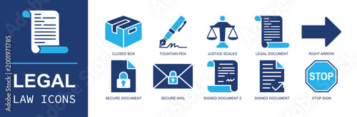 Legal law icon set. Containing closed box, fountain pen, justice scales, legal document, arrow, secure document, mail, signed document, stop sign and more. Solid fill vector icons.
