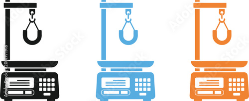 Digital Hanging Scale Icon Set with Weight Measurement Device and Industrial Equipment in Flat Color and Black Vector Style for Market and Warehouse Design