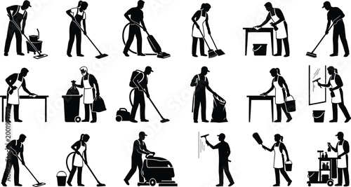 Professional cleaning service staff silhouettes set featuring janitors and workers with mops, vacuums, buckets, and industrial sanitizing equipment.