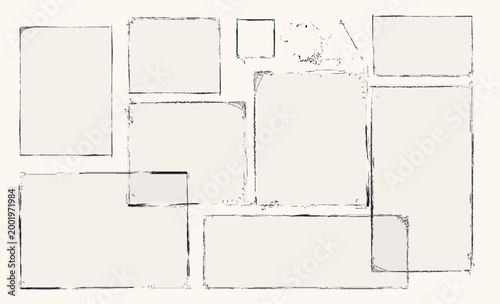 Set of hand drawn grunge frames shapes. Abstract background with distressed borders sketch texture. Minimalist black beige composition for collage, scrapbooking, creative design template