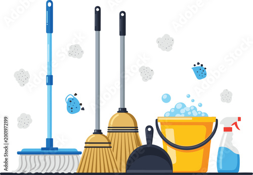 Cleaning Tools Set with Mop, Broom, Dustpan, Bucket, and Spray Bottle, Ideal for Home and Office Cleaning Designs