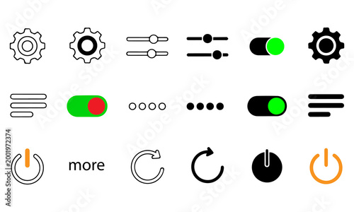 Technical icons set gears switches buttons and control elements silhouette