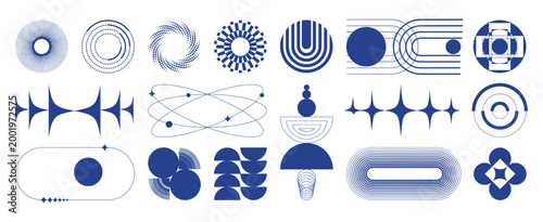 Blue abstract geometric shapes and sci fi elements collection with abstract art modern art geometric pattern organic shapes graphic design elements illustration minimalist