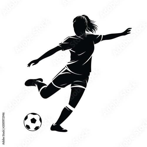 Silhouette of a female soccer player kicking a ball in motion