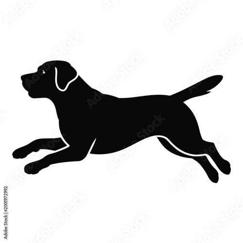 A black silhouette of a labrador retriever in mid stride