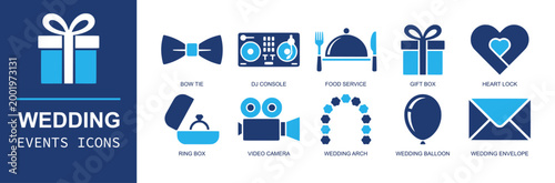 Wedding events icon set. Containing bow tie, dj console, food service, gift box, heart lock, ring box, video camera, wedding arch, balloon, envelope and more. Solid fill vector icons.