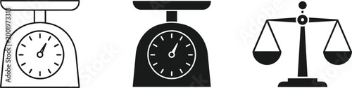 Weighing Scale and Balance Icon Set with Analog Kitchen Scale and Justice Balance Symbols in Minimal Outline and Solid Vector Style for Measurement and Law Design