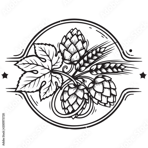 Vintage style beer brewery emblem with hops cones and barley ears vector illustration isolated on white background