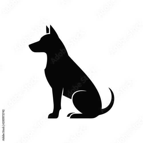 A minimalist silhouette of a seated dog facing left in black