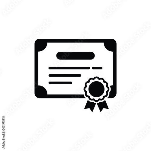 Simple black icon depicting a certificate with a ribbon and seal