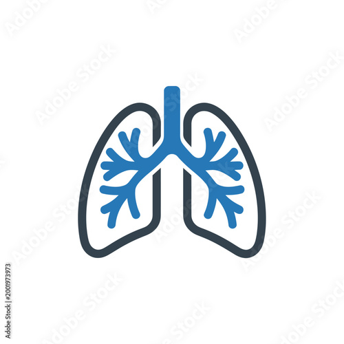 Anatomical illustration of human lungs with branching airways depicted in blue