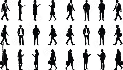 Business people silhouettes set walking standing and talking professional men and women isolated on white background