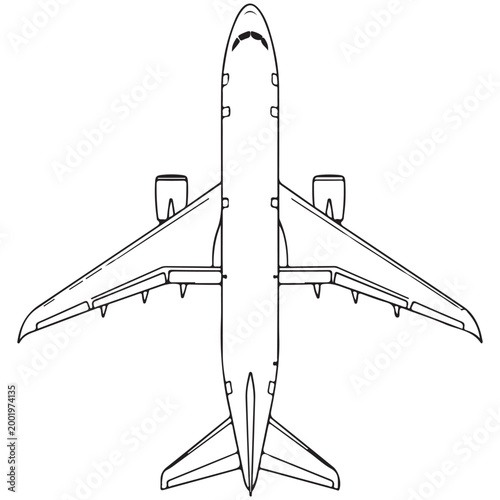 Top view of a commercial airplane vector line art illustration isolated on white background