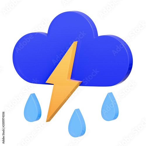 3D weather icon featuring cloud with lightning bolt and raindrops representing thunderstorm conditions. Ideal for weather apps, forecasts, climate visualization and storm alerts