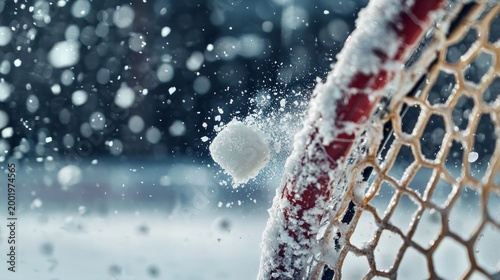 Hockey puck impacting net snow