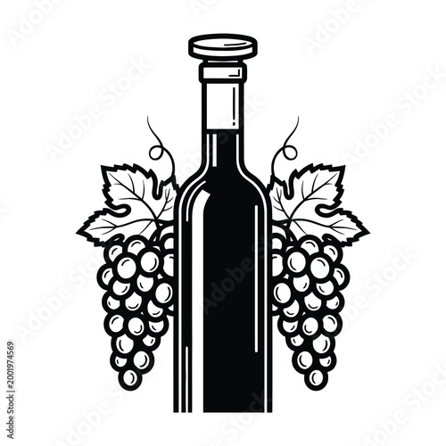 Wine bottle with grapes and leaves on white background for beverage or food concept