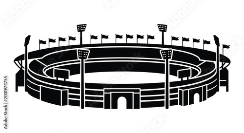 Stadium silhouette with flags and floodlights black and white