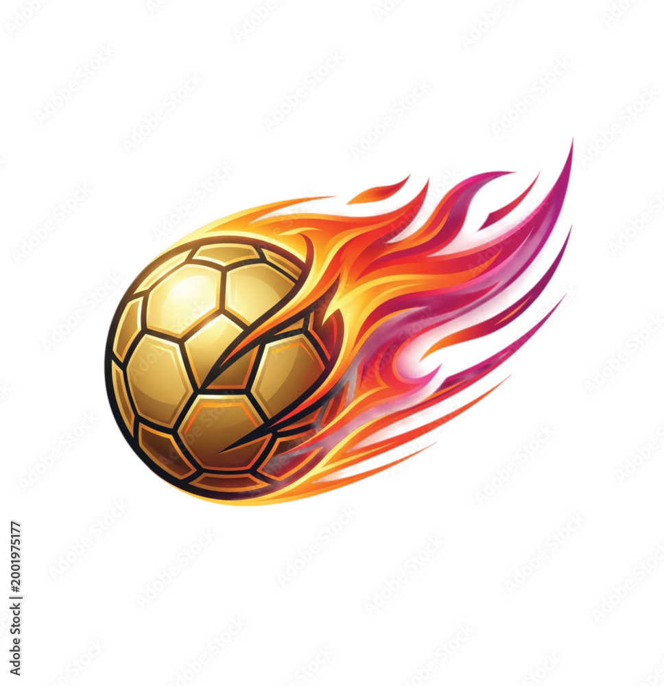 Fototapeta premium Golden Soccer Ball with Colorful Fire Trail, Flaming Gold Football in Motion, Fiery Speed Soccer Logo for Sports Design
