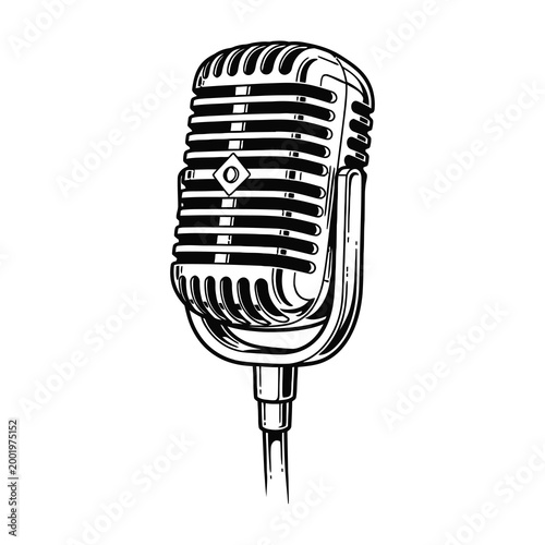 Vintage microphone on stand, classic dynamic mic for music, podcast, broadcasting, voice recording, public speaking, live performance, radio, dj, audio equipment