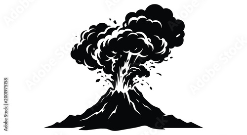 Volcanic eruption with smoke and ash black silhouette