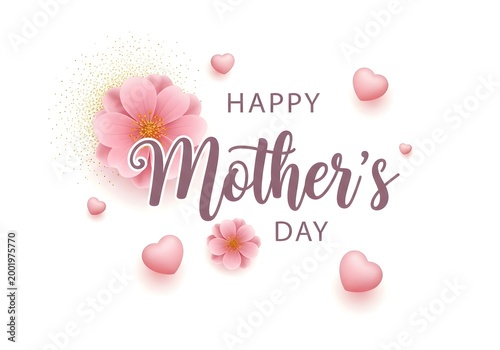 Happy Mother’s Day card with pink flowers and hearts on soft background.