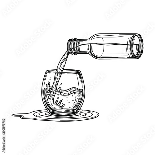 Water pouring from bottle into glass cup with splashing liquid effect