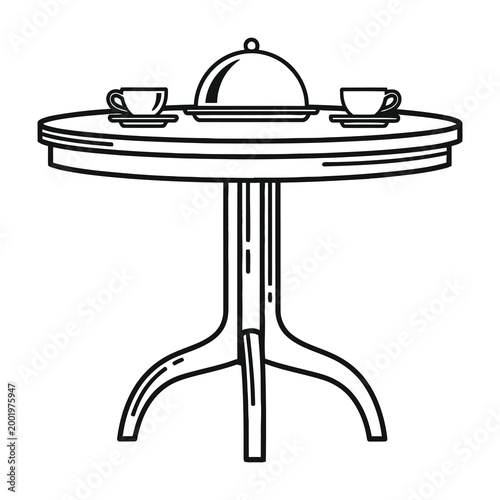 Table with covered dish and two cups on saucers, breakfast or brunch setting