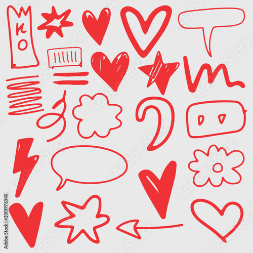 Hand drawn doodles black and white featuring various icons like hearts, stars, and musical notes. Vector cartoon illustration