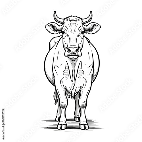 bull cow standing alone looking forward on white background