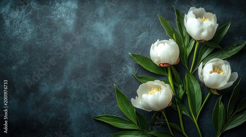 Four white peonies on dark textured background