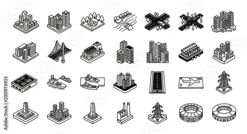 Collection of Isometric Building Icons and Symbols.