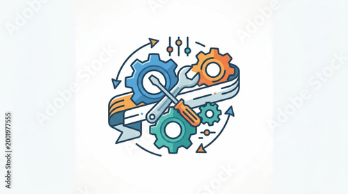 Mechanical engineering concept with gears and wrench