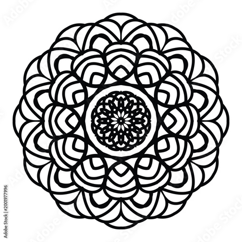 intricate black and white mandala pattern with geometric floral symmetry for design projects