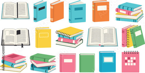 Comprehensive School Book Vector Set Featuring Open Textbooks Stacked Notebooks and Academic Literature for Education and Library Designs