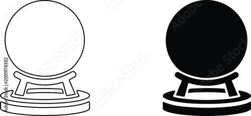 Fortune telling crystal ball on tripod stand black white line art illustration
