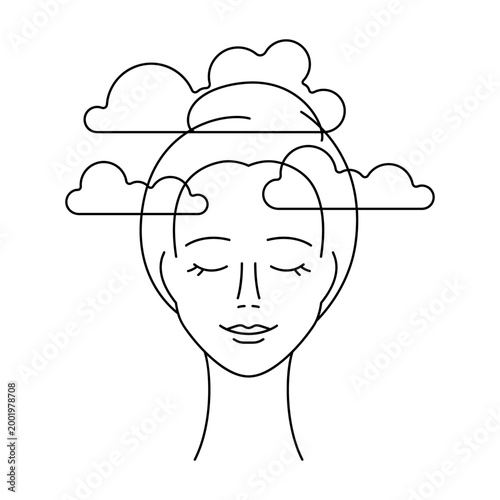 Mental health illustration. Fog clouds in head. Female character with psychological problems.