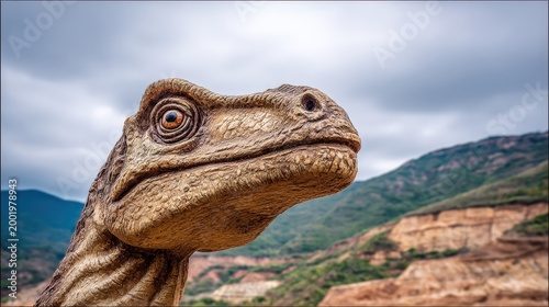 Close up portrait of a prehistoric raptor model standing in a mountainous landscape.
