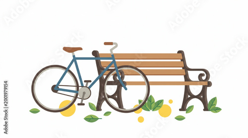 Bicycle parked by a wooden park bench