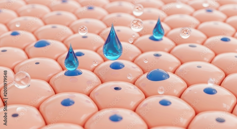 Obraz premium Skin cells with blue droplets and water bubbles on surface closeup