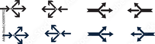 Logistics and business strategy arrow branching symbol set representing path merging splitting directional decision making distribution flowcharts and navigation routing interface graphics