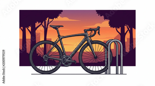 Bicycle parked at rack during sunset