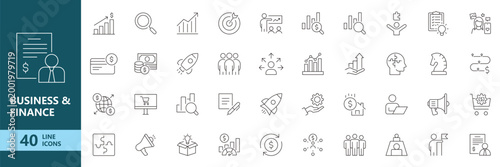 Business finance outline icons pack minimal banking analytics corporate line symbol collection