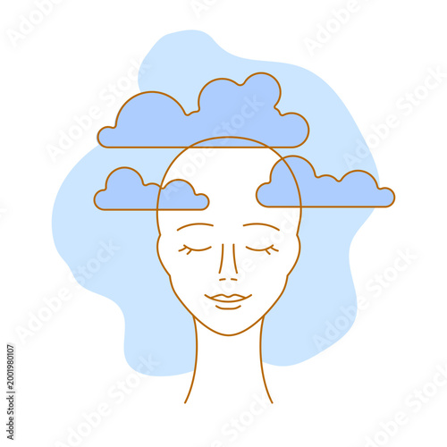 Mental health illustration. Fog clouds in head. Female character with psychological problems.